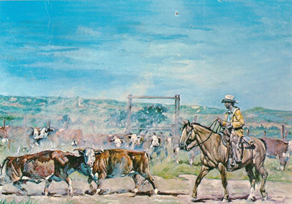 Keith Avery portrait of Raymond Adams herding cattle on the Cimarron, hangs at Wall Drug, South Dakota