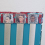A chair with mosaic tiles, picture tiles featuring images of Frida Kahlo and her paintings