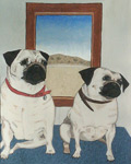 Painting of two fawn colored pug dogs in front of a window with a
                                        western Kansas backdrop