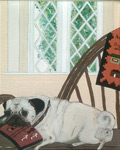 Painting of a fawn colored pug laying on an Indian blanket in a willow
                                        chair