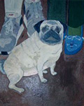 Painting of a fawn pug on the floor in front of two people's
                                    legs
